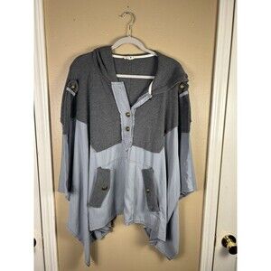 POL Gray/Blue Cotton Kimono Sleeve Collared Button Pocket Blouse M Hooded Boho